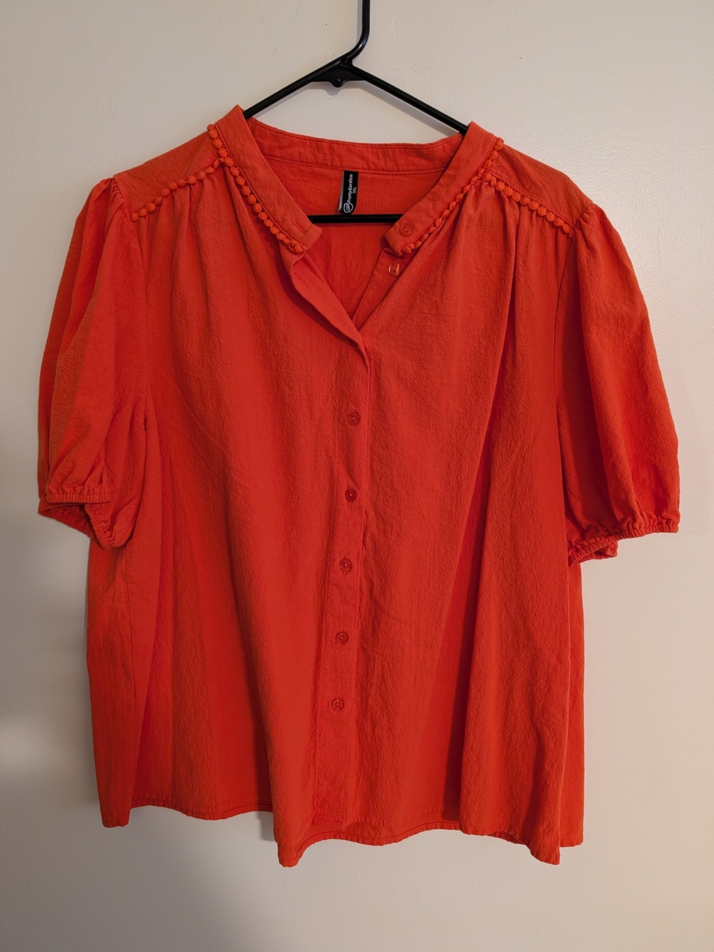 Women's Bright Orange Button-Front Blouse with Pom Trim